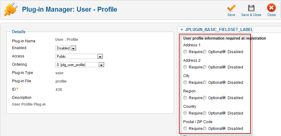 Plugin Manager User Profile joomla 1.6